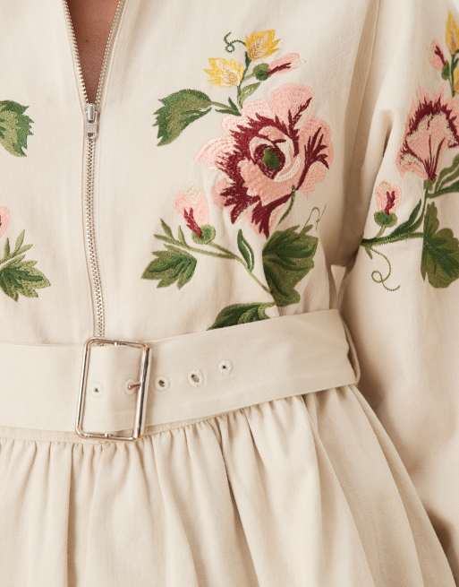 ASOS DESIGN heavy twill belted mini shirt dress with tiered skirt in cream with embroidery