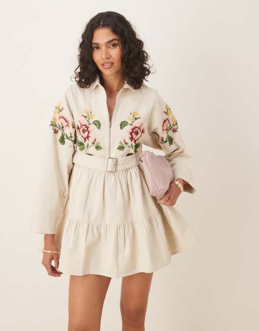 ASOS DESIGN heavy twill belted mini shirt dress with tiered skirt in cream with embroidery