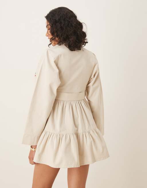 ASOS DESIGN heavy twill belted mini shirt dress with tiered skirt in cream with embroidery