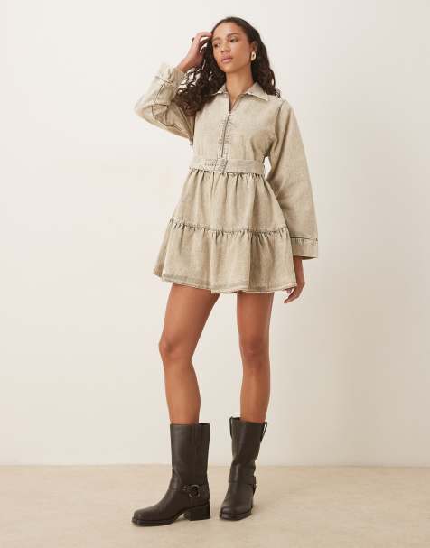 ASOS DESIGN heavy twill belted mini shirt dress with tiered skirt in gray denim wash - view 1