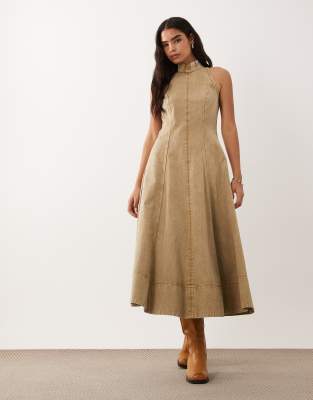 Asos Design Heavy Twill Funnel Neck Seamed Maxi Dress In Animal Print
