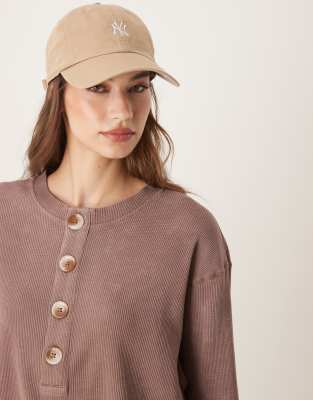 Asos Design Heavy Waffle Knit Long Sleeve Henley Top In Brown