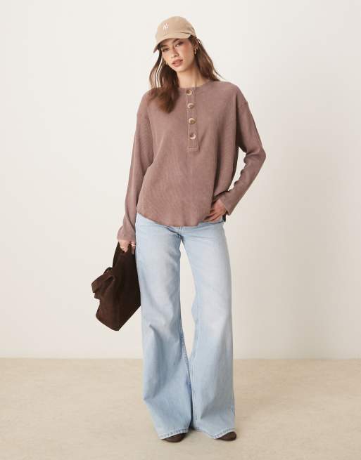 ASOS DESIGN heavy waffle knit long sleeve henley top in washed brown, 2 of 4