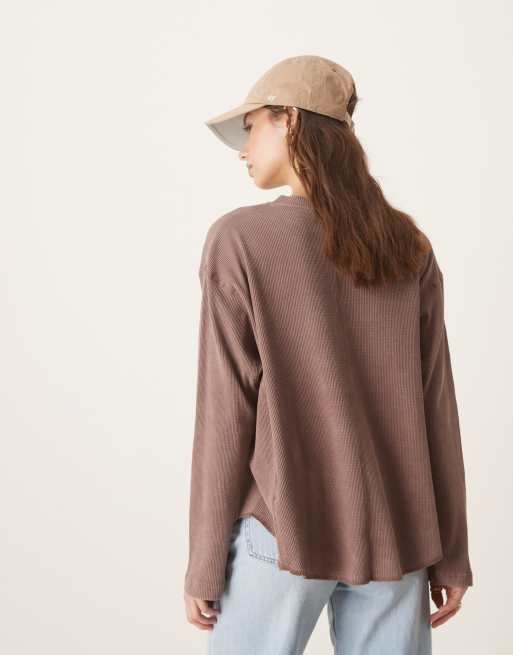 ASOS DESIGN heavy waffle knit long sleeve henley top in washed brown, 3 of 4