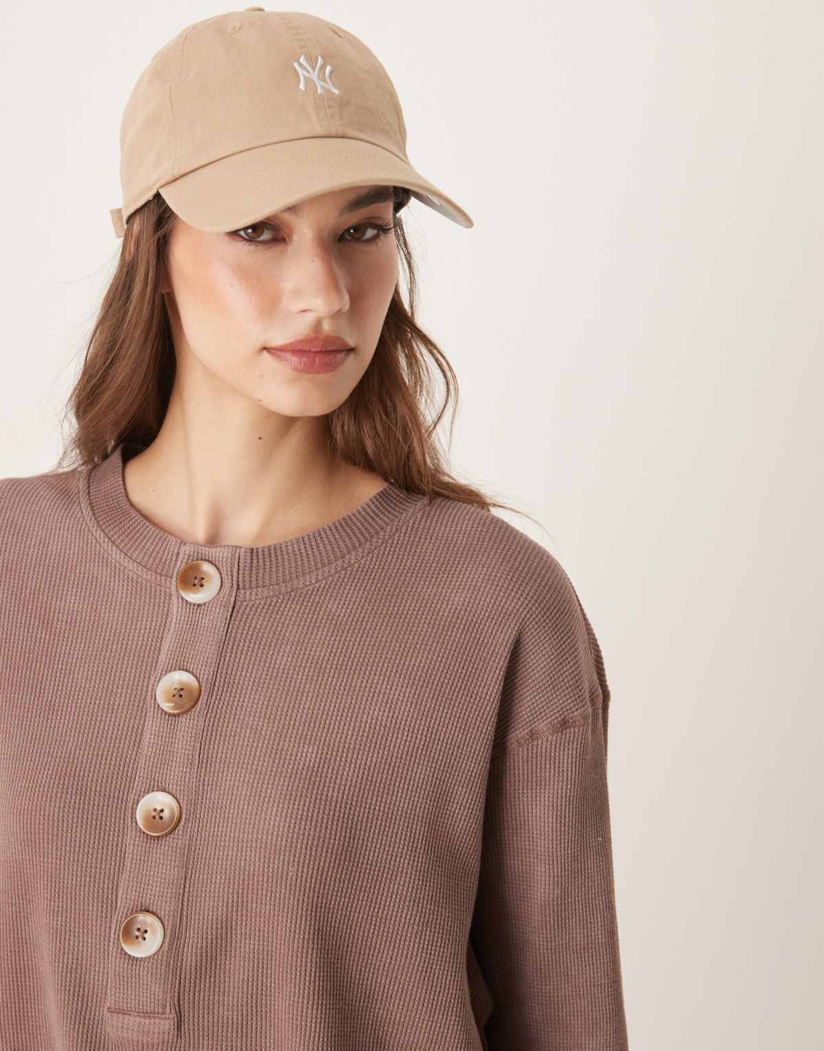 ASOS DESIGN heavy waffle long sleeve henley top in washed brown