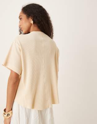 Asos Design Heavy Waffle Short Sleeve Henley Top In Nude