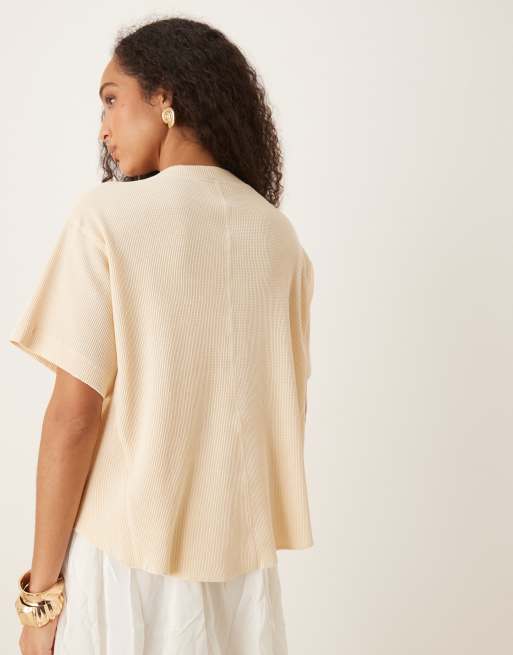 ASOS DESIGN heavy waffle short sleeve henley top in cream