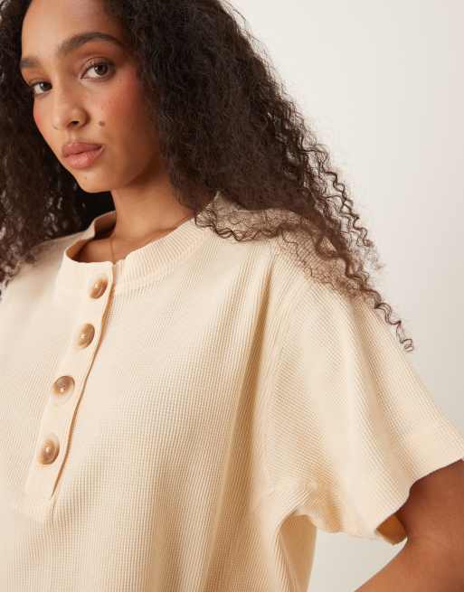 ASOS DESIGN heavy waffle short sleeve henley top in cream