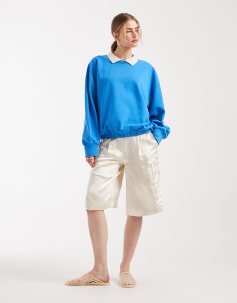 ASOS DESIGN heavy weight balloon hem sweat with polo collar in blue - view 1