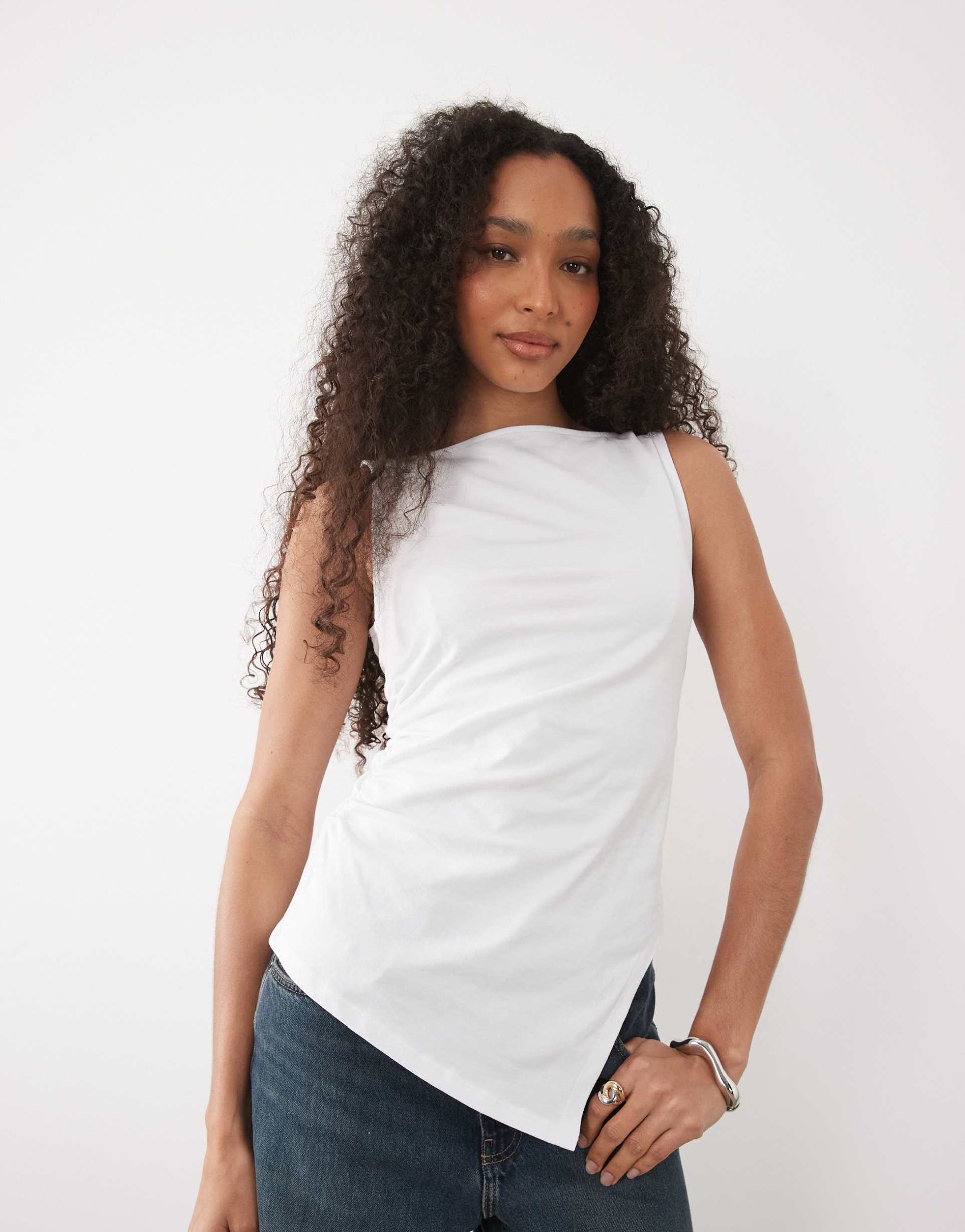 asos design heavy weight slash neck asymmetric longline top in white