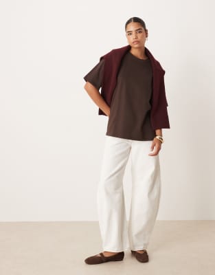 Asos Design Heavy Weight White Cotton Longline Tee In Brown