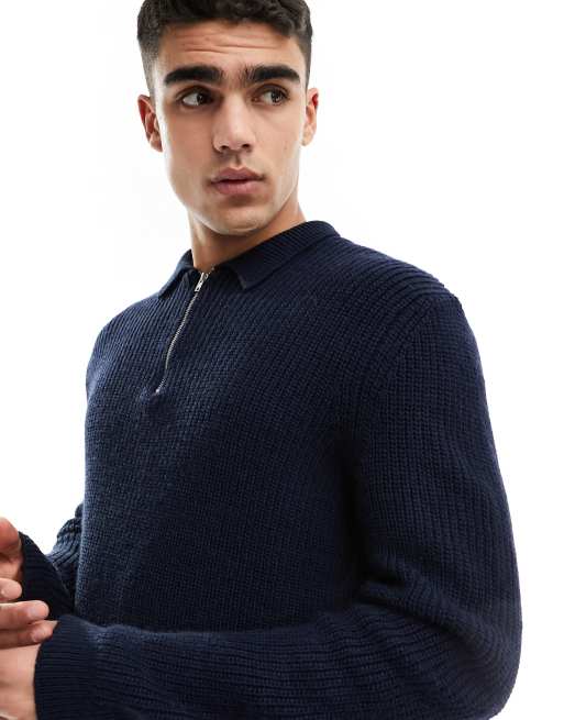 ASOS DESIGN heavyweight 1 4 zip rib jumper with collar in navy ASOS