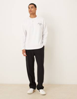 Asos Design Heavyweight 240g Relaxed Fit Long Sleeve T-shirt With Leaf Print In White