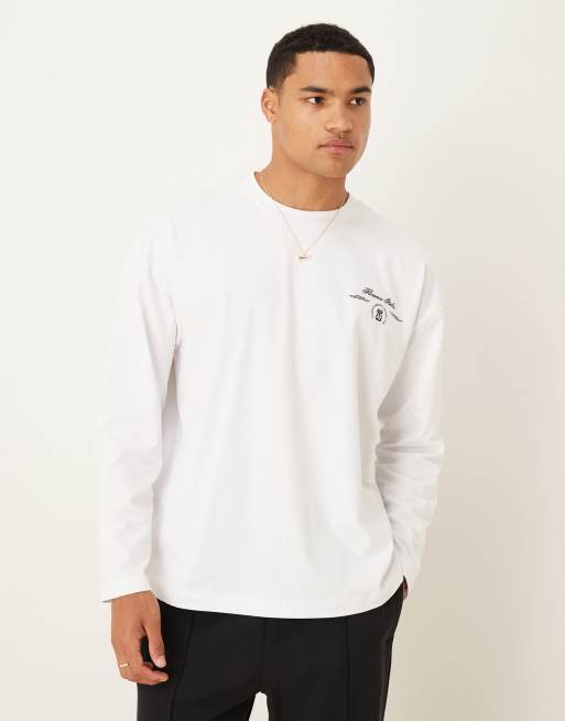 ASOS DESIGN heavyweight 240g relaxed fit long sleeve t-shirt with leaf print in white