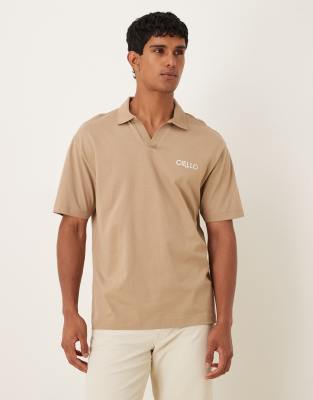 Asos Design Heavyweight 240g Relaxed Fit Polo Shirt With Print Detail In Neutral