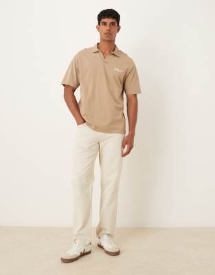 Asos Design Heavyweight 240g Relaxed Fit Polo Shirt With Print Detail In Neutral