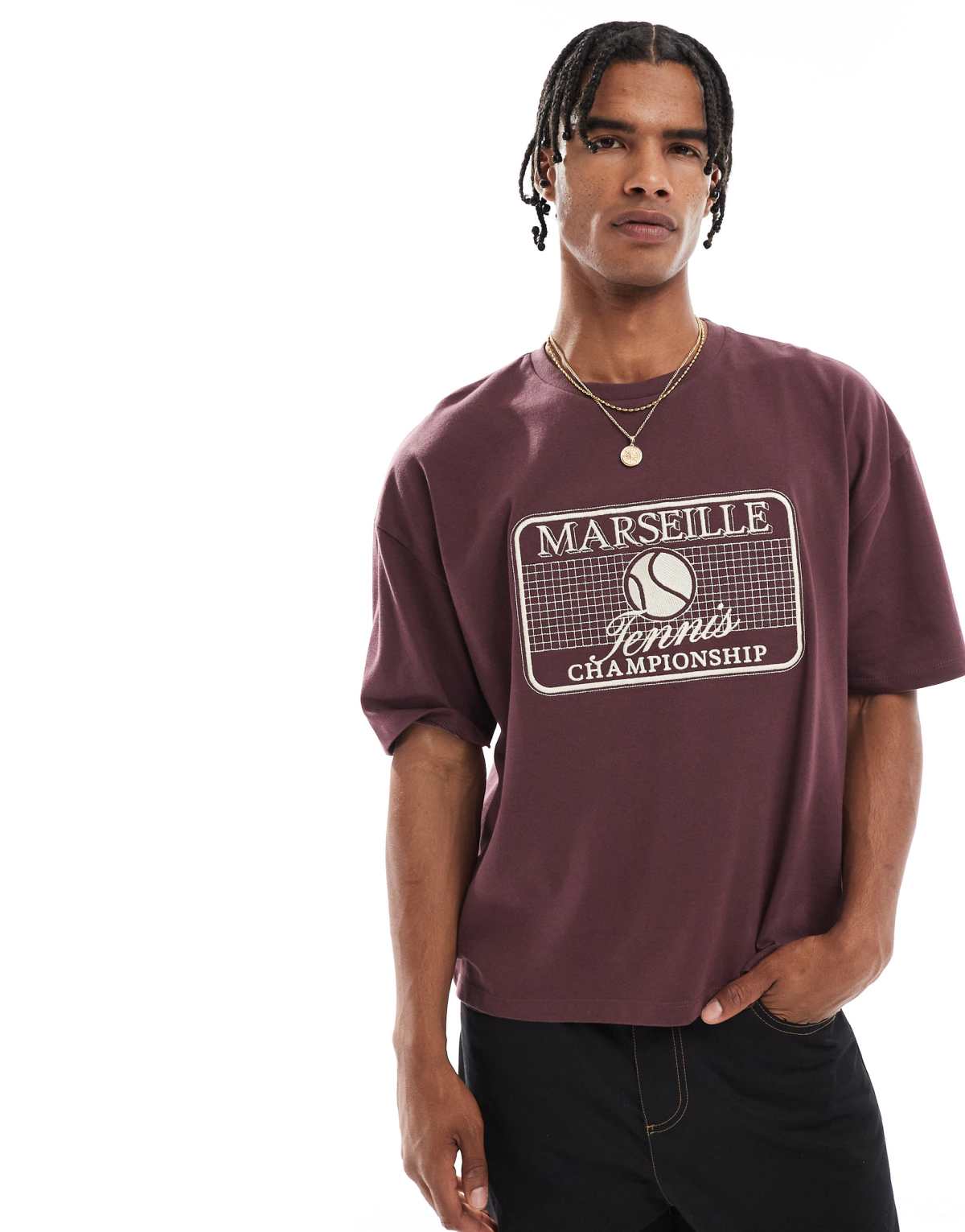 ASOS DESIGN heavyweight 240gsm boxy oversized t-shirt with sport embroidery in burgundy