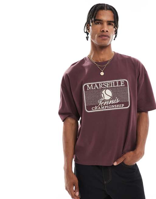 ASOS DESIGN heavyweight 240gsm boxy oversized t-shirt with sport embroidery in burgundy