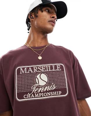 Asos Design Heavyweight 240gsm Boxy Oversized T-shirt With Tennis Embroidery In Burgundy