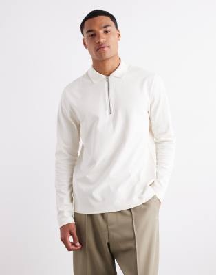 Asos Design Heavyweight 240gsm Long Sleeve Half Zip Polo With Embroidery Detail In White