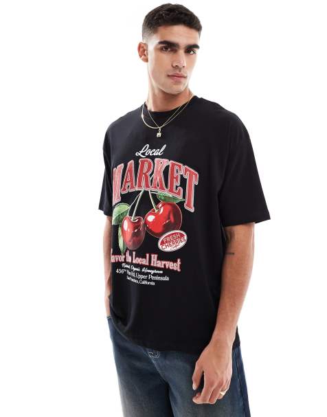 ASOS DESIGN heavyweight 240gsm oversized t-shirt with fruit graphic in black - view 1