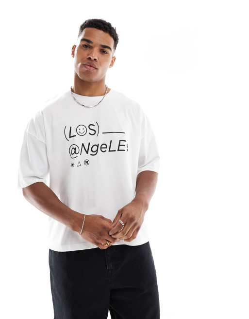  ASOS DESIGN heavyweight  boxy dropped shoulder oversized t-shirt with city print in white, 3 of 4