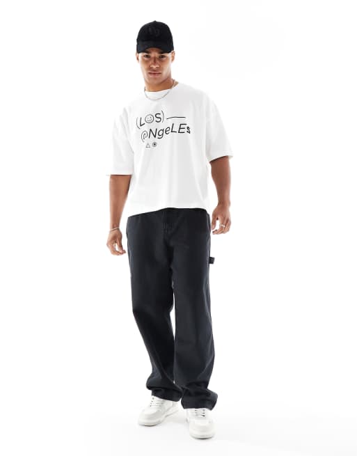  ASOS DESIGN heavyweight boxy dropped shoulder oversized t-shirt with city print in white