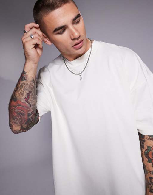 ASOS DESIGN heavyweight boxy oversized drop shoulder t-shirt in cream   , 3 of 4