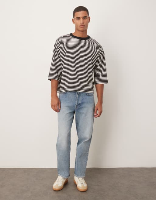 ASOS DESIGN heavyweight boxy oversized half sleeve t-shirt in black and white stripes , 2 of 5