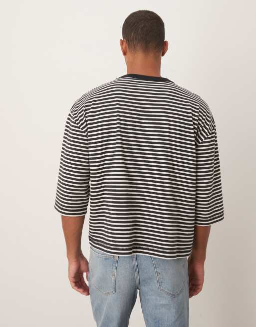 ASOS DESIGN heavyweight boxy oversized half sleeve t-shirt in black and white stripes , 3 of 5