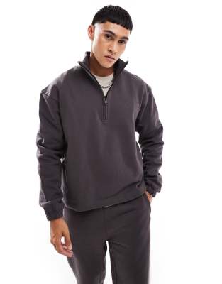 Asos Design Heavyweight Boxy Oversized Half Zip Funnel Neck Sweatshirt In Dark Brown