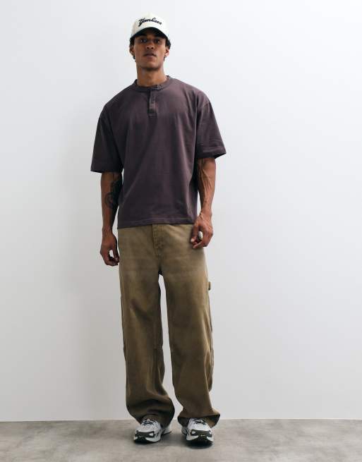 ASOS DESIGN heavyweight boxy oversized henley t-shirt in brown, 2 of 5