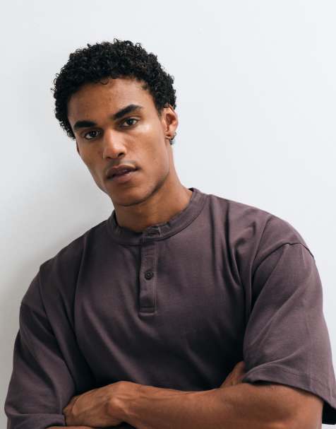 ASOS DESIGN heavyweight boxy oversized henley t-shirt in navy - view 1