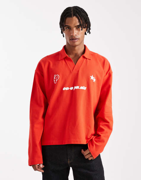 ASOS DESIGN heavyweight boxy oversized long sleeve polo with dropped shoulder and sports graphic in red pique - view 1