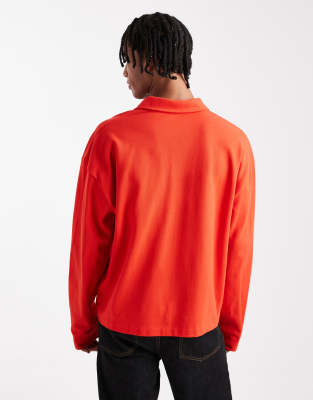 Asos Design Heavyweight Boxy Oversized Long Sleeve Polo With Dropped Shoulder And Sports Graphic In Red