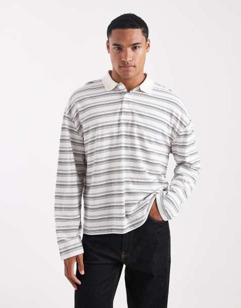 ASOS DESIGN heavyweight boxy oversized long sleeve rugby polo in neutral textured stripe - view 1