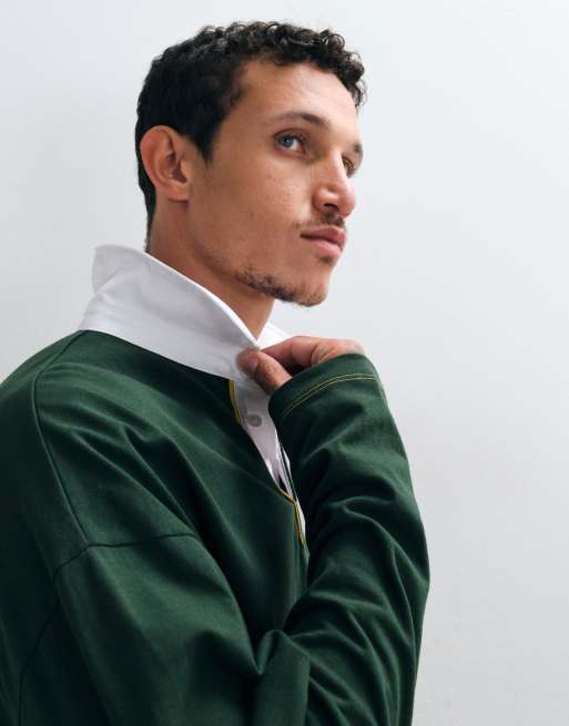 ASOS DESIGN heavyweight boxy oversized long sleeve rugby polo with step hem in dark green, 2 of 5