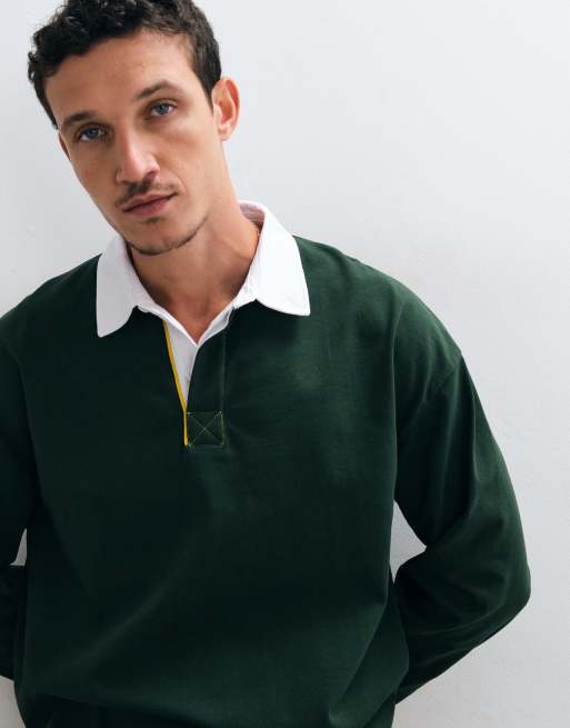 ASOS DESIGN heavyweight boxy oversized long sleeve rugby polo with step hem in dark green, 5 of 5