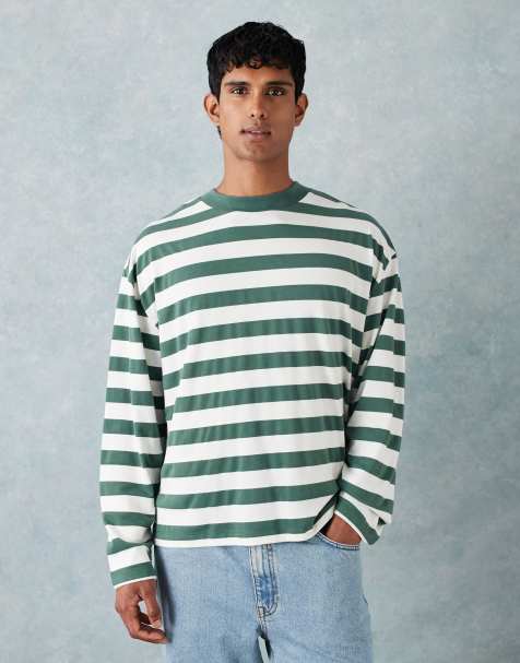 ASOS DESIGN heavyweight boxy oversized long sleeve T-shirt in green stripe - view 1