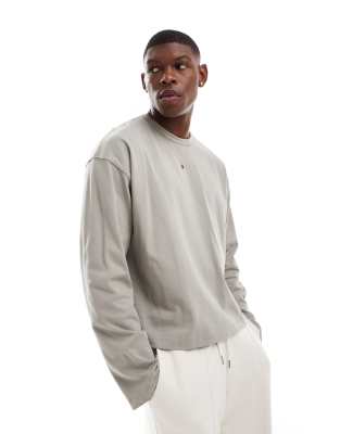 ASOS DESIGN heavyweight boxy oversized long sleeve t-shirt in khaki - view 1