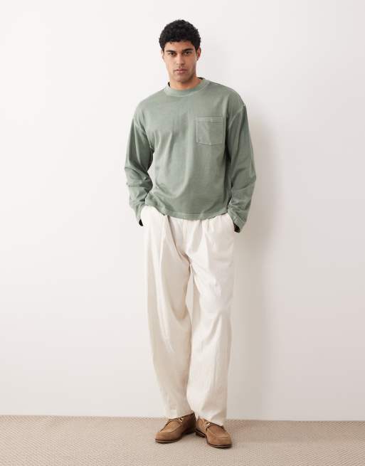 ASOS DESIGN heavyweight boxy oversized long sleeve T-shirt in washed mid green, 2 of 5