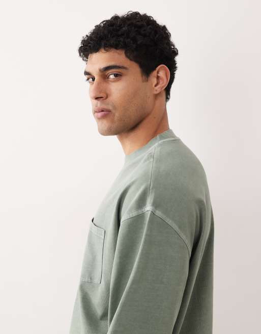 ASOS DESIGN heavyweight boxy oversized long sleeve T-shirt in washed mid green, 4 of 5