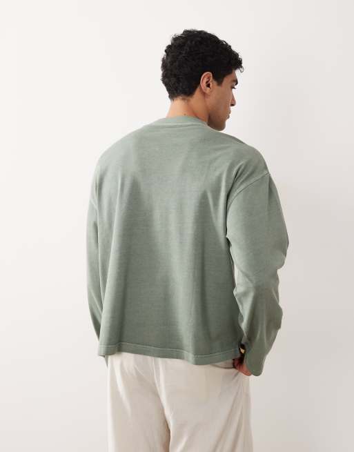 ASOS DESIGN heavyweight boxy oversized long sleeve T-shirt in washed mid green, 5 of 5