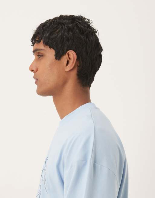 ASOS DESIGN heavyweight  boxy oversized long sleeve t-shirt with dropped shoulder and embroidered text in blue , 4 of 5