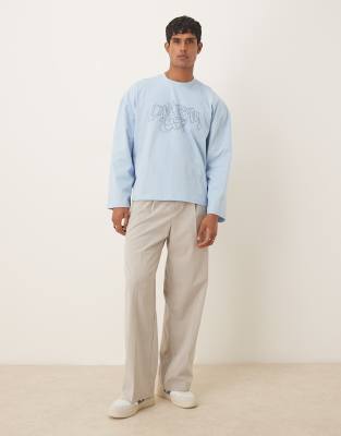 Asos Design Heavyweight Boxy Oversized Long Sleeve T-shirt With Dropped Shoulders And Embroidered Text In Blue