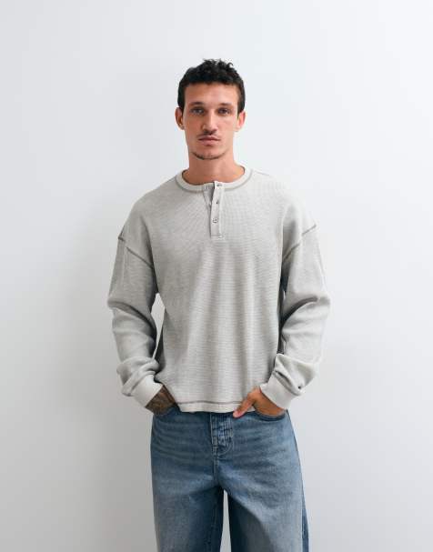ASOS DESIGN heavyweight boxy oversized long sleeve t-shirt with henley in cream waffle - view 1