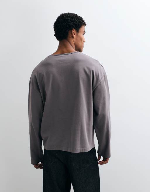 ASOS DESIGN heavyweight boxy oversized long sleeve t-shirt with henley in grey, 4 of 5