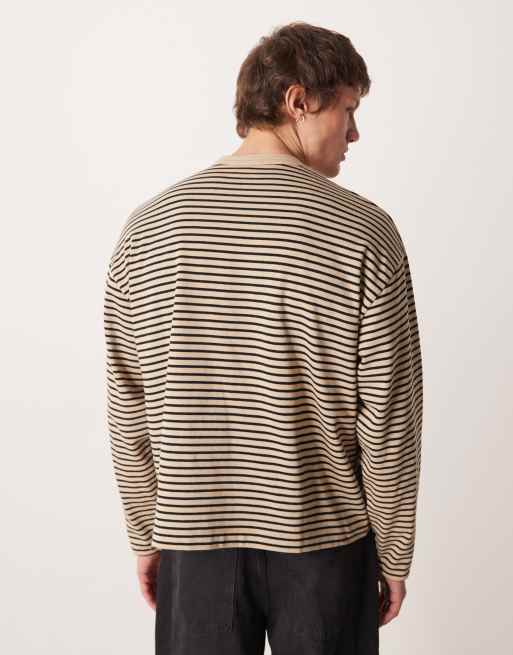 ASOS DESIGN heavyweight boxy oversized long sleeve t-shirt with henley neck in black and beige stripe, 3 of 5