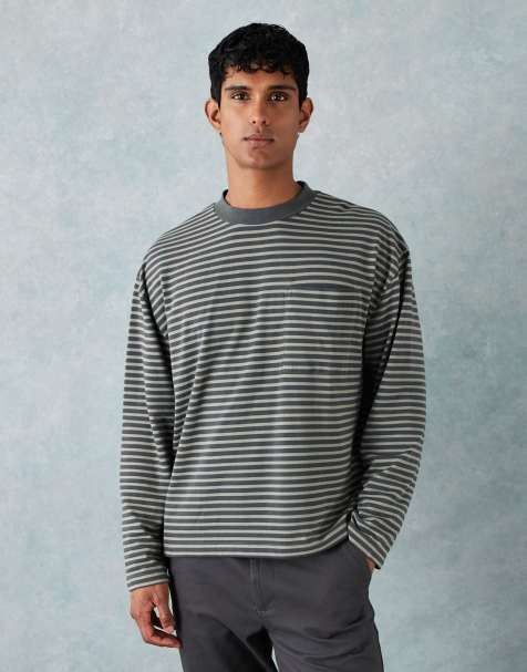 ASOS DESIGN heavyweight boxy oversized long sleeve t-shirt with pocket detail in green thin stripe - view 1
