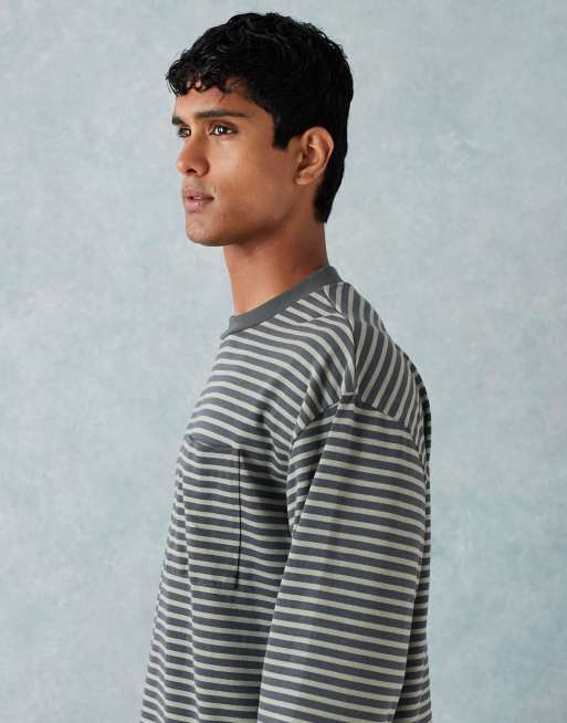 ASOS DESIGN heavyweight boxy oversized long sleeve t-shirt with pocket detail in green thin stripe , 4 of 5